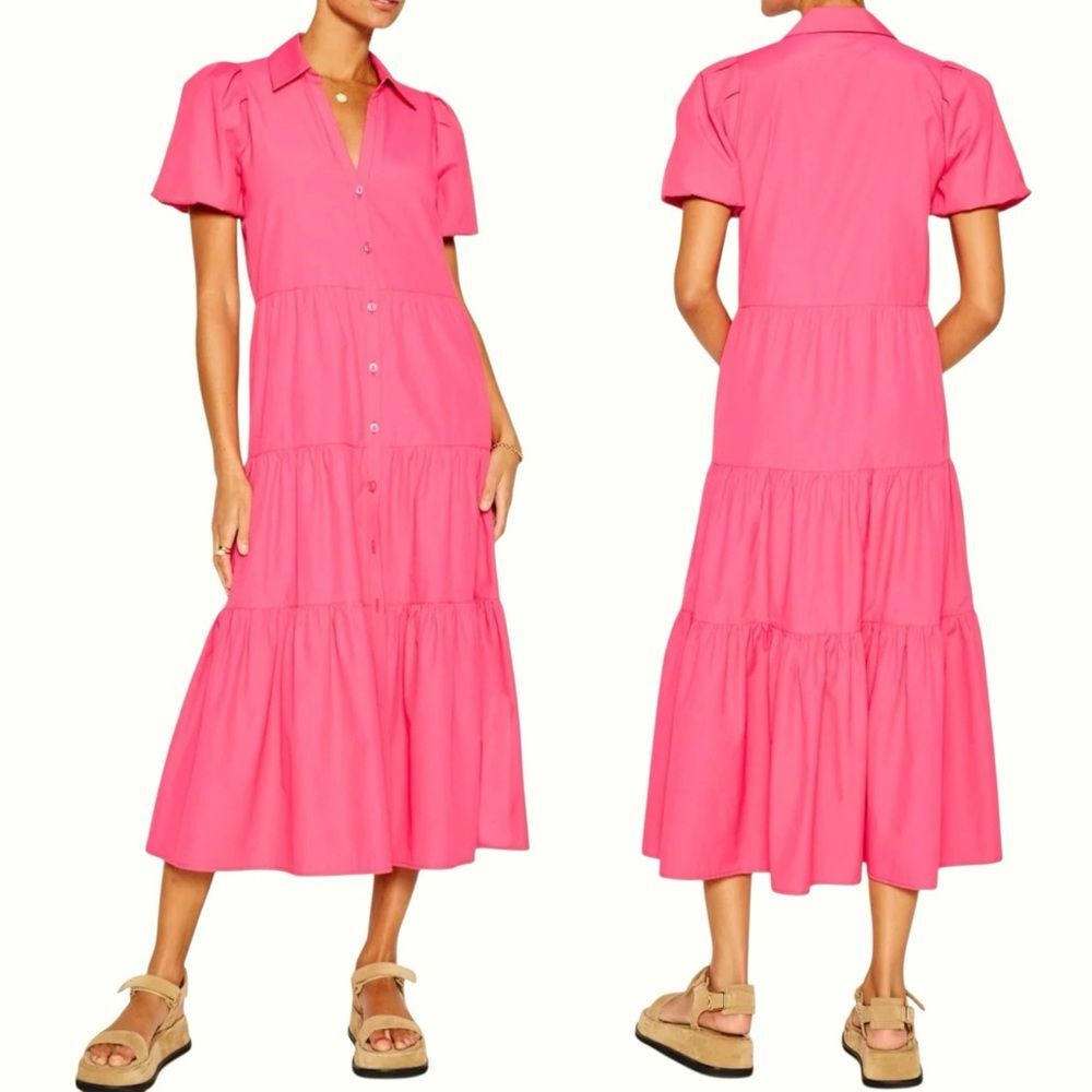 BROCHU WALKER Havana Dress M Hot Pink Tiered Midi Shirtdress Puff Sleeve